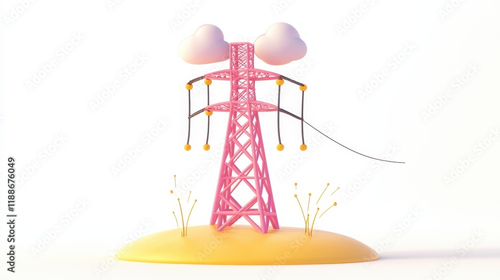 Pink Electric Tower Surrounded by Clouds and Grass on Sunny Background Pink Electric Tower Surrounded by Clouds and Grass on Sunny Background
