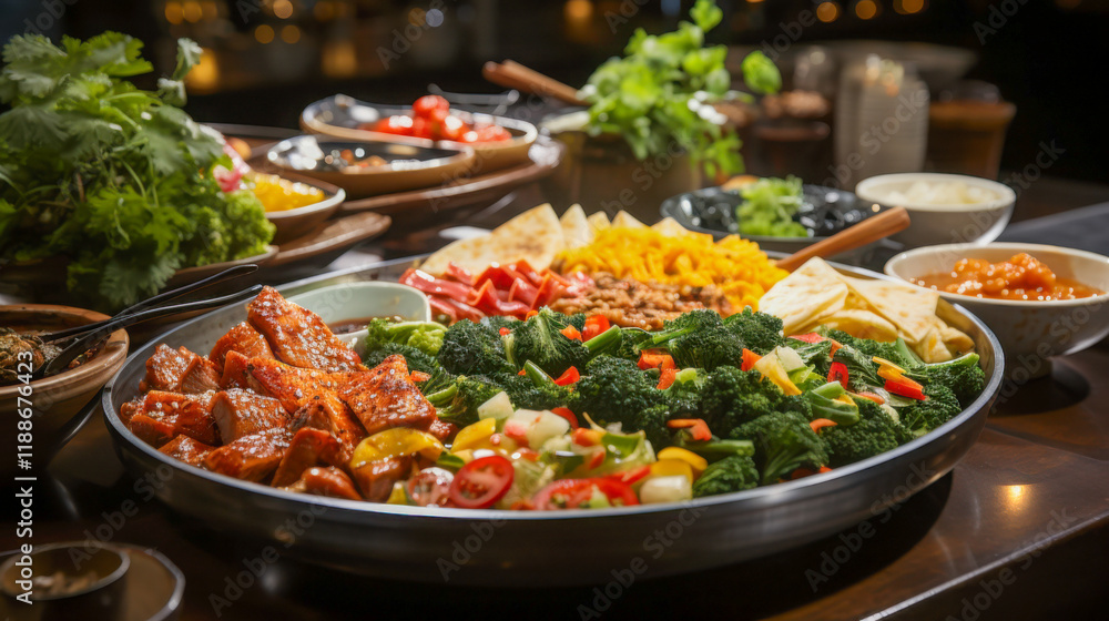 Obraz premium Colorful display of assorted dishes featuring fresh vegetables, grilled meat, and various toppings at a vibrant dining setting