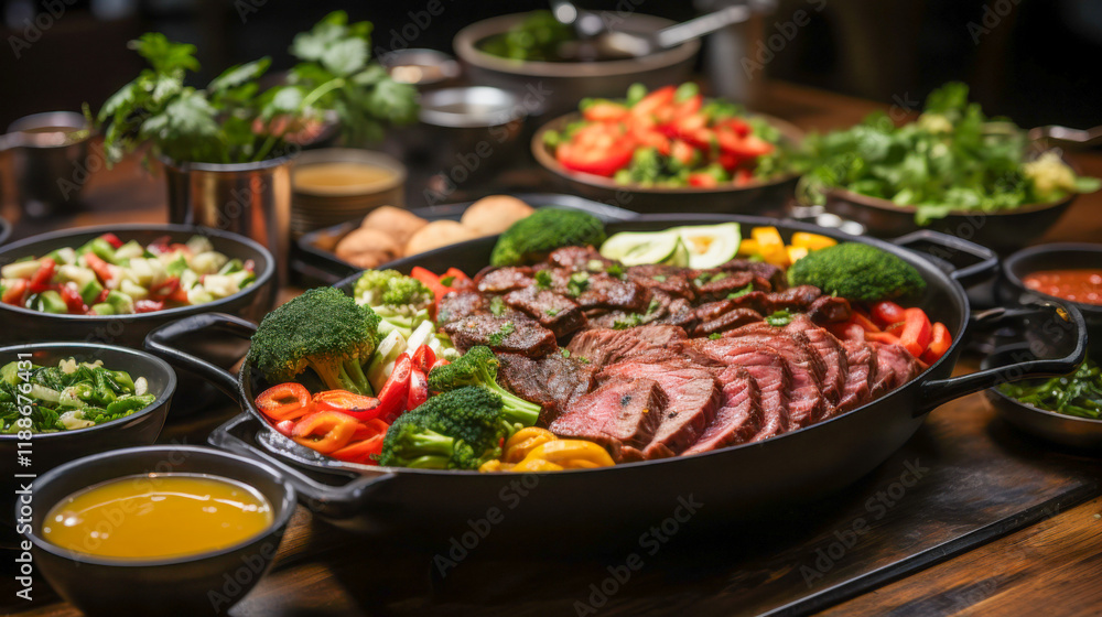 Obraz premium Colorful spread of grilled meats and fresh vegetables arranged for a festive dining experience in a cozy restaurant setting