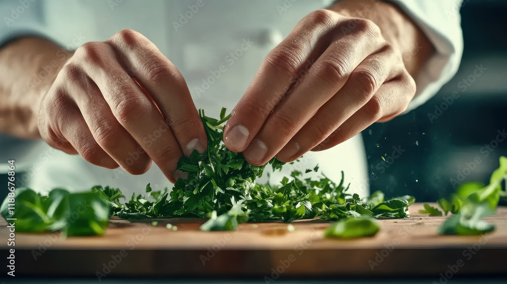Fototapeta premium Close up of chef hands chopping fresh herbs, showcasing culinary skill and precision in vibrant kitchen setting
