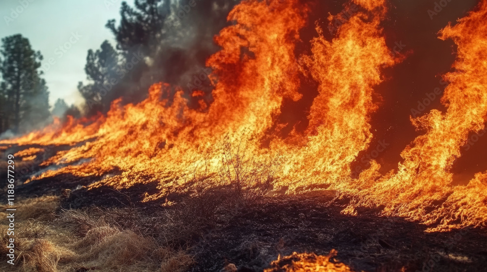 Fototapeta premium Intense wildfire burning through dry forest landscape with tall flames