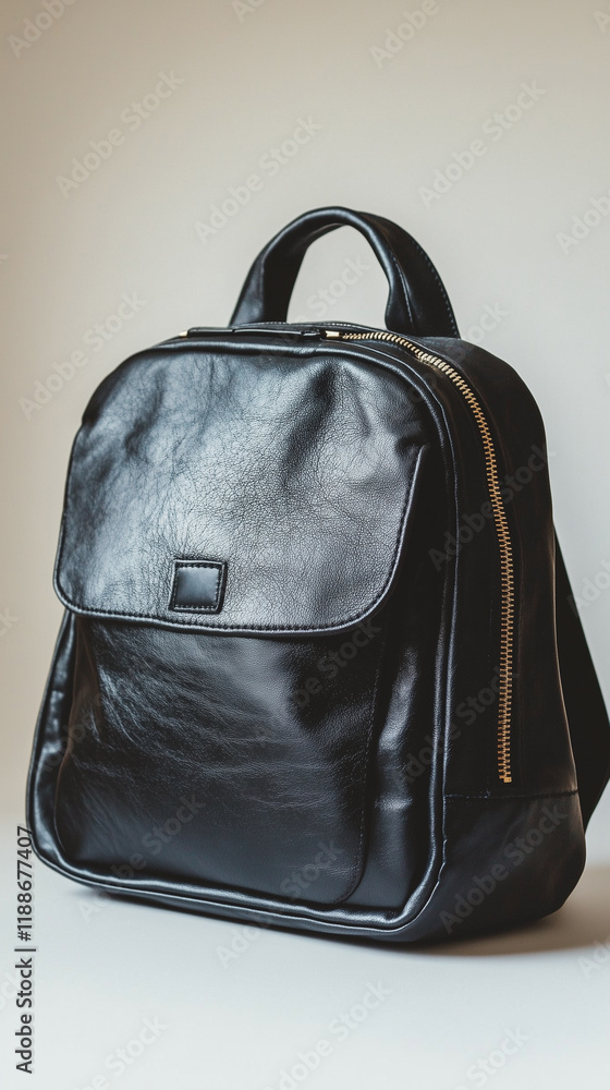 Fototapeta premium Black backpack on a white background, close-up, with copy space for text and product presentation mockup. Leather school bag isolated on a gray backdrop. Text space.