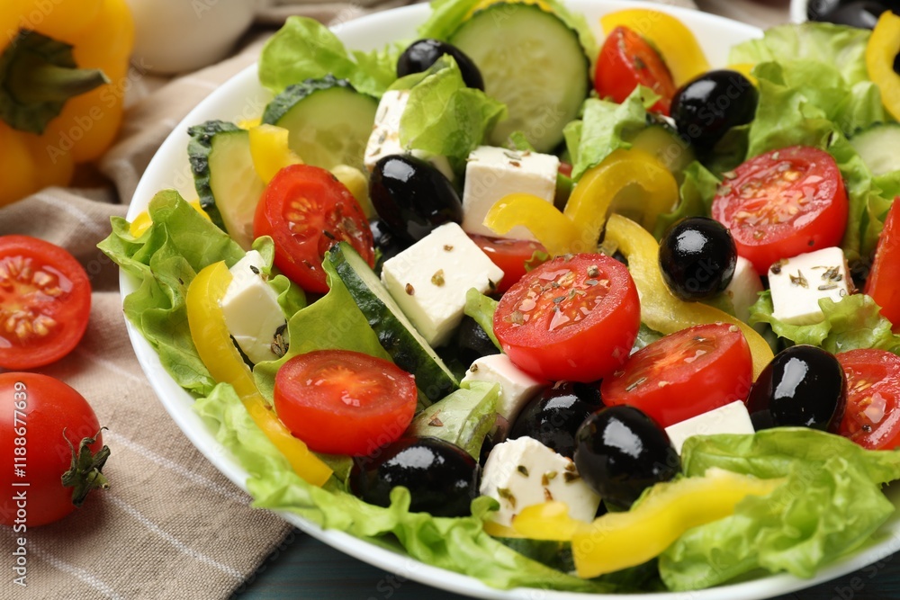 Delicious fresh Greek salad on table, closeup Delicious fresh Greek salad on table, closeup