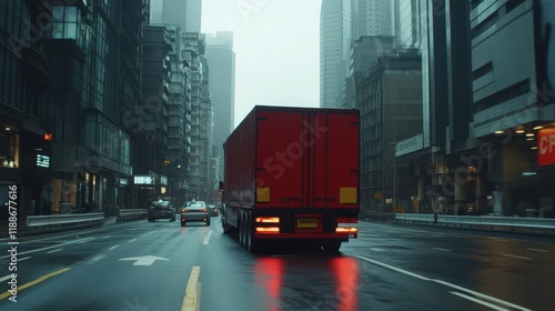 Urban Scene with Red Delivery Truck Driving Through Misty City Streets Surrounded by Modern Skyscrapers and Reflections on Wet Road photo