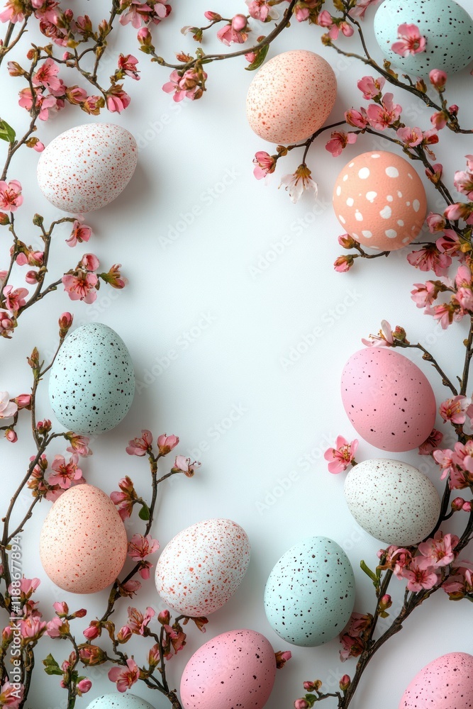 Fototapeta premium Minimalist Top Down View of Colorful Easter Eggs Surrounded by Delicate Cherry Blossoms Perfect for Chinese New Year Celebrations and Seasonal Greetings
