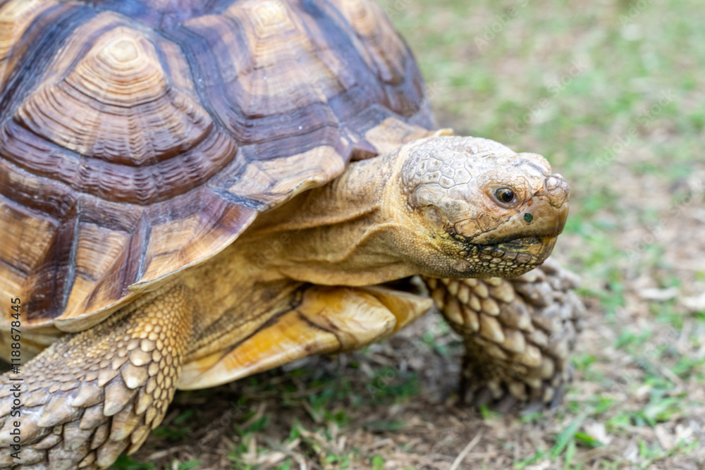 A majestic Sulcata tortoise crawls leisurely across a vibrant green lawn, its textured shell showcasing intricate patterns that highlight its natural beauty A majestic Sulcata tortoise crawls leisurely across a vibrant green lawn, its textured shell showcasing intricate patterns that highlight its natural beauty