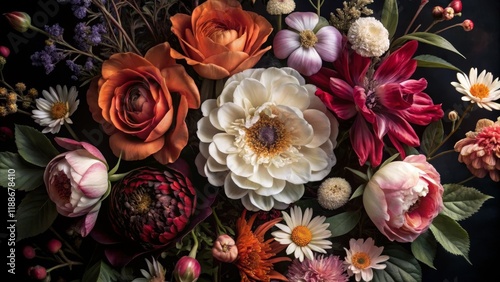 Fototapeta Naklejka Na Ścianę i Meble -  Dark Floral Still Life Rich Hues and Textures, Close-up Composition of Ranunculus, Dahlias, and Peonies, Botanical Photography, Flower Arrangement Floral Photography, Still Life