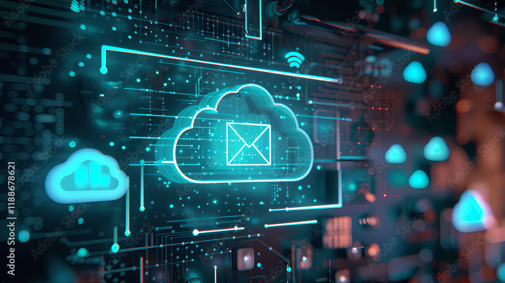 Fototapeta premium Social media messaging digital emerging data cloud, pc data mining laptop illustration, binary code data stream, fog computing, emerging technology electronic circuit board concept 