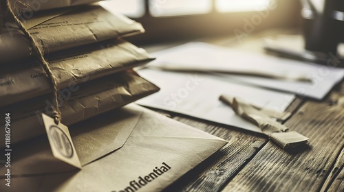Stack of sealed confidential envelopes on wooden desk, symbolizing secure document handling, privacy, and classified information management in professional settings