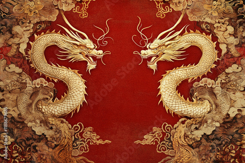 Golden dragons facing each other on a red background with decorative clouds photo