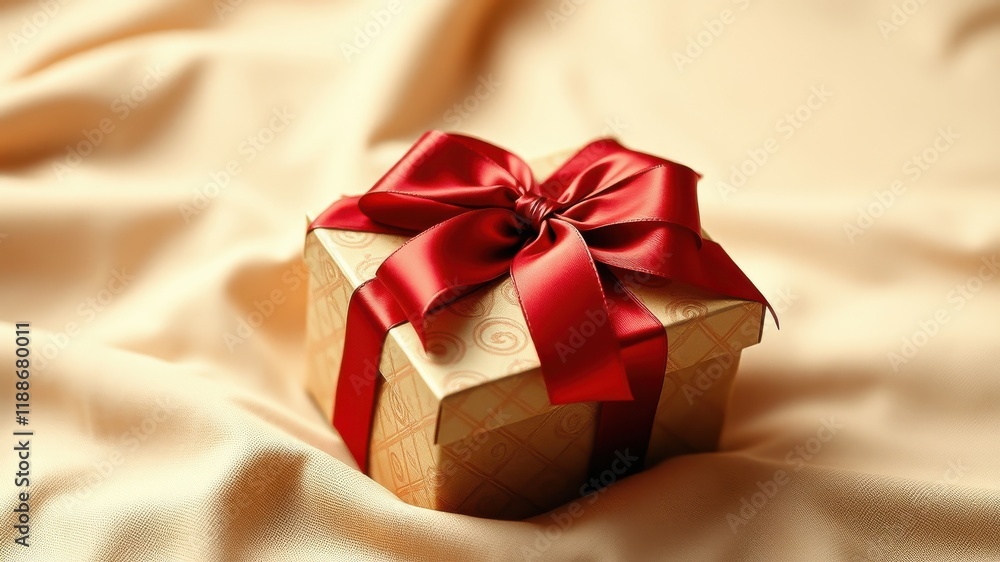 A luxuriously wrapped gift box with a vibrant red ribbon, resting on a soft, golden fabric A luxuriously wrapped gift box with a vibrant red ribbon, resting on a soft, golden fabric
