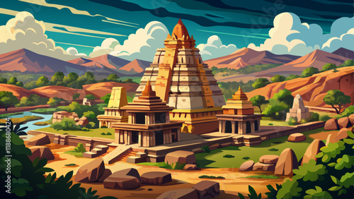 Virupaksha temple located in the ruins of ancient city Vijayanagar at Hampi, Karnataka, India. Indian tourism, lockdown trip