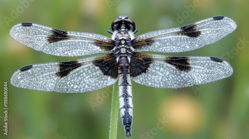 Wallpaper Mural Close-Up View of a Stunning Dragonfly with Detailed Wings and Intricate Patterns on a Green Background Torontodigital.ca