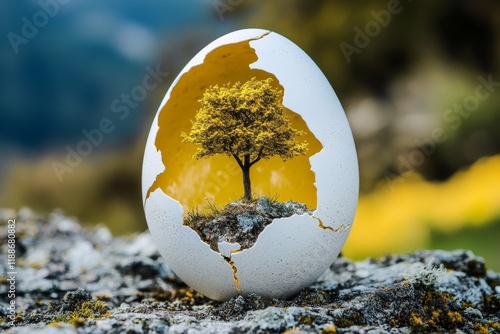 A cracked egg with a tree growing from it symbolizing new life and unexpected beginnings. photo