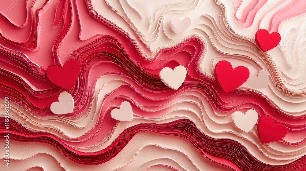 Colorful Paper Waves with Hearts on an Abstract Background Colorful Paper Waves with Hearts on an Abstract Background