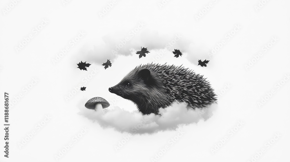 Obraz premium Adorable black and white illustration of a hedgehog with a mushroom surrounded by softly floating clouds and falling leaves, conveying a whimsical and serene atmosphere