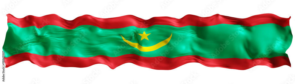 Stylized flag of Mauritania waving in the wind on transparent background. Footer, header or divider. Cut out wide, panoramic element. Banner for patriotic themes or national event promotions. 3D. Stylized flag of Mauritania waving in the wind on transparent background. Footer, header or divider. Cut out wide, panoramic element. Banner for patriotic themes or national event promotions. 3D.