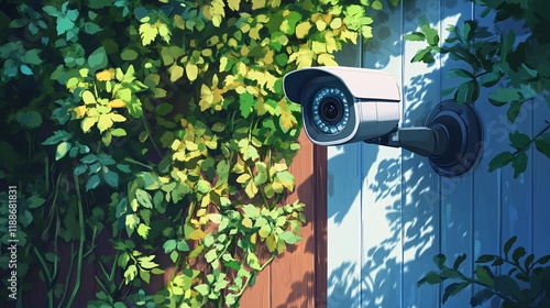 A modern surveillance camera discreetly positioned amidst lush greenery, blending technology with nature. photo