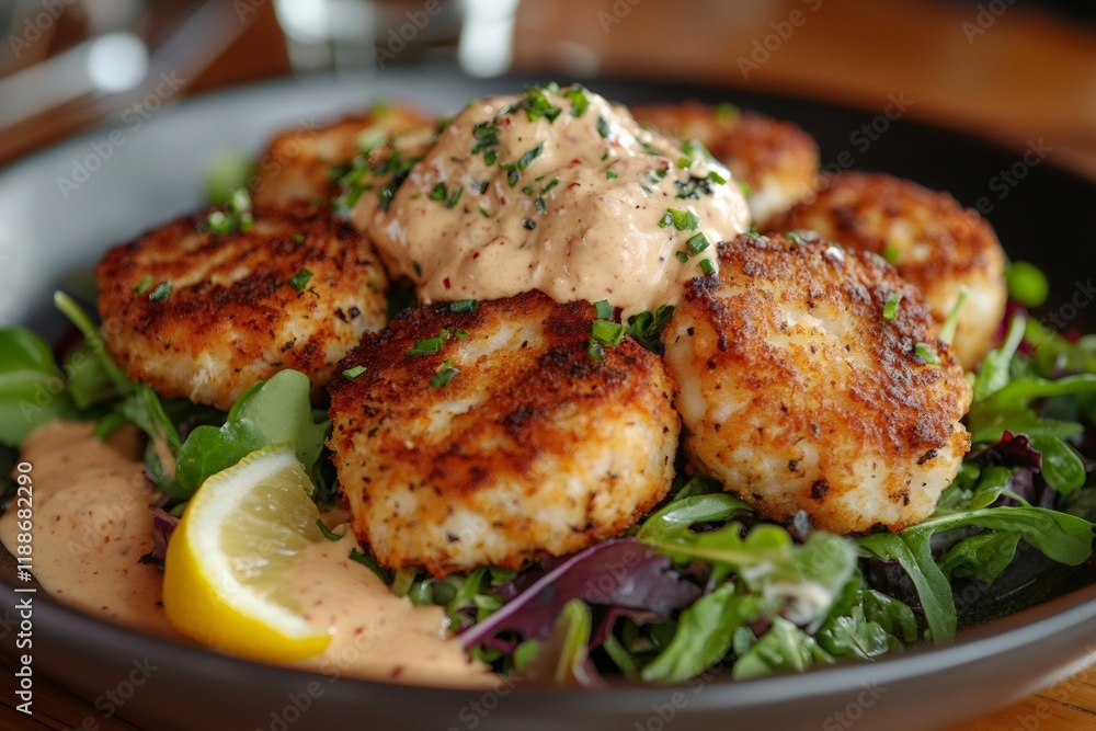 Delicious breaded scallops with sauce and salad on a plate Delicious breaded scallops with sauce and salad on a plate