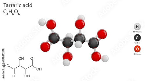 Molecule: Tartaric Acid. Naturally occurring organic acid. Molecular structure. Formula: C4H6O6. Chemical model: Ball and stick. White background. 3D illustration. photo