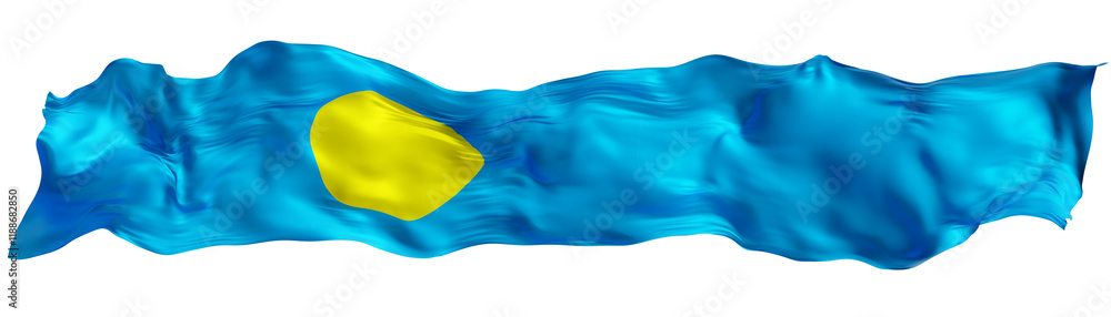 Obraz premium Stylized flag of Palau waving in the wind on transparent background. Footer, header or divider. Cut out wide, panoramic element. Banner for patriotic themes or national event promotions. 3D.
