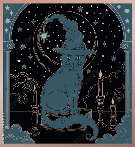 vector hand drawn illustration, mystic wizard cat in the hat in vintage style