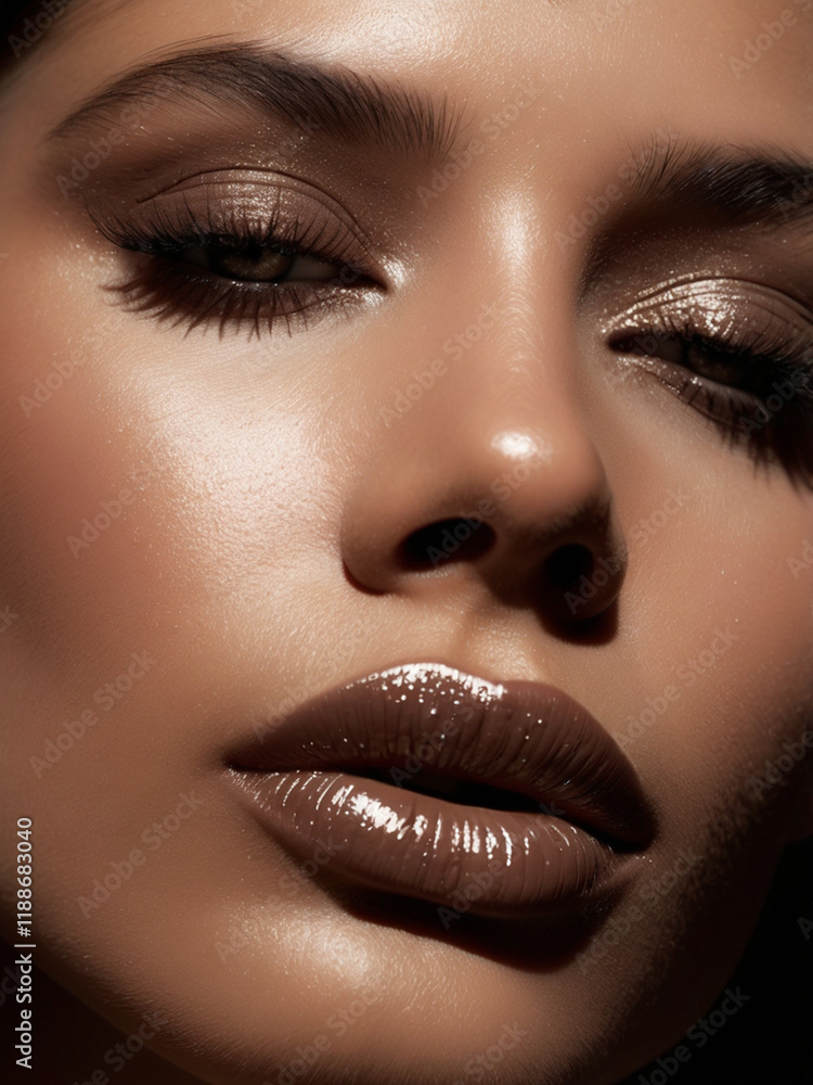 Close up of beautiful young Caucasian female model with beautiful glowy skin and make up Close up of beautiful young Caucasian female model with beautiful glowy skin and make up