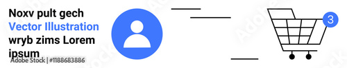 User profile icon in blue, text elements, and shopping cart with a notification badge indicating three items. Ideal for e-commerce, user account management, notifications, online shopping, web