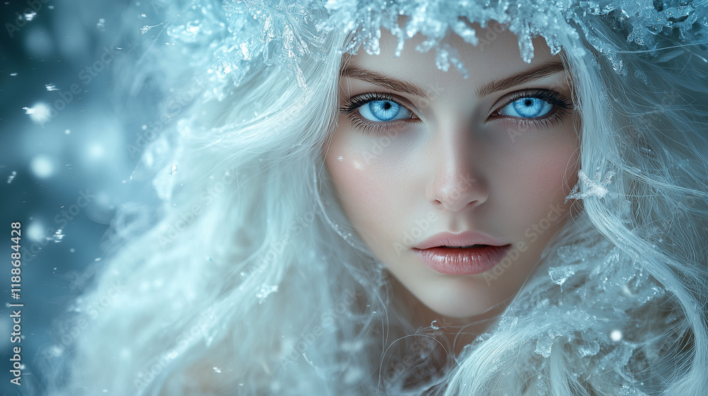 Freya. Ethereal Ice Queen A Mesmerizing Surreal Portrait. Beautiful woman with long white hair and blue eyes, wearing an ice crown made of crystals, standing in the snowstorm, close-up portrait Freya. Ethereal Ice Queen A Mesmerizing Surreal Portrait. Beautiful woman with long white hair and blue eyes, wearing an ice crown made of crystals, standing in the snowstorm, close-up portrait
