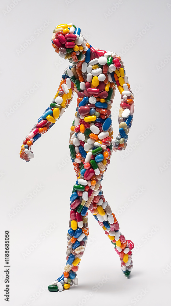 A creative humanoid figure made entirely of colorful pills and capsules, symbolizing medicine, healthcare and pill addiction A creative humanoid figure made entirely of colorful pills and capsules, symbolizing medicine, healthcare and pill addiction