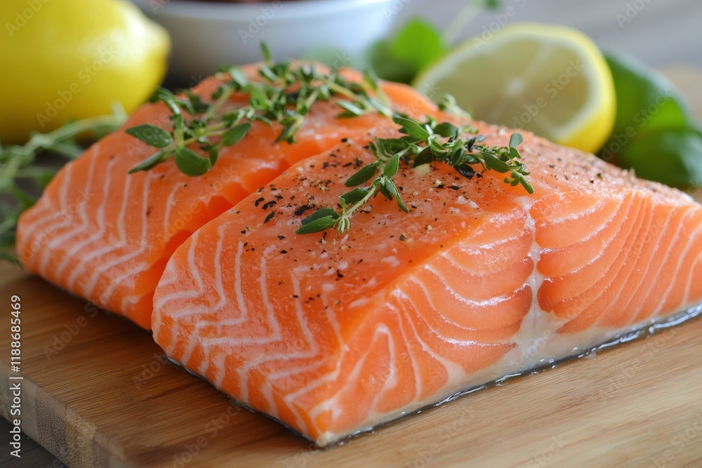 Fresh salmon fillets seasoned with thyme and peppercorns on cutting board Fresh salmon fillets seasoned with thyme and peppercorns on cutting board