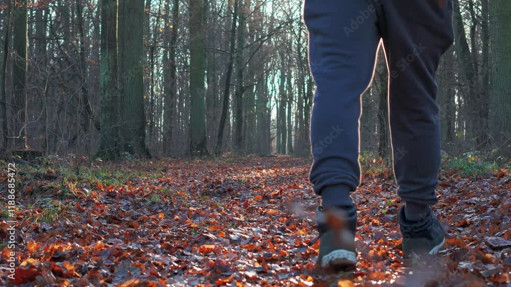 A man walks on a path covered with leaves in a foggy forest. The sun sets behind tree branches while the camera captures his steps in slow motion. A man walks on a path covered with leaves in a foggy forest. The sun sets behind tree branches while the camera captures his steps in slow motion.