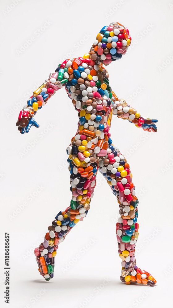 A creative humanoid figure made entirely of colorful pills and capsules, symbolizing medicine, healthcare and pill addiction A creative humanoid figure made entirely of colorful pills and capsules, symbolizing medicine, healthcare and pill addiction