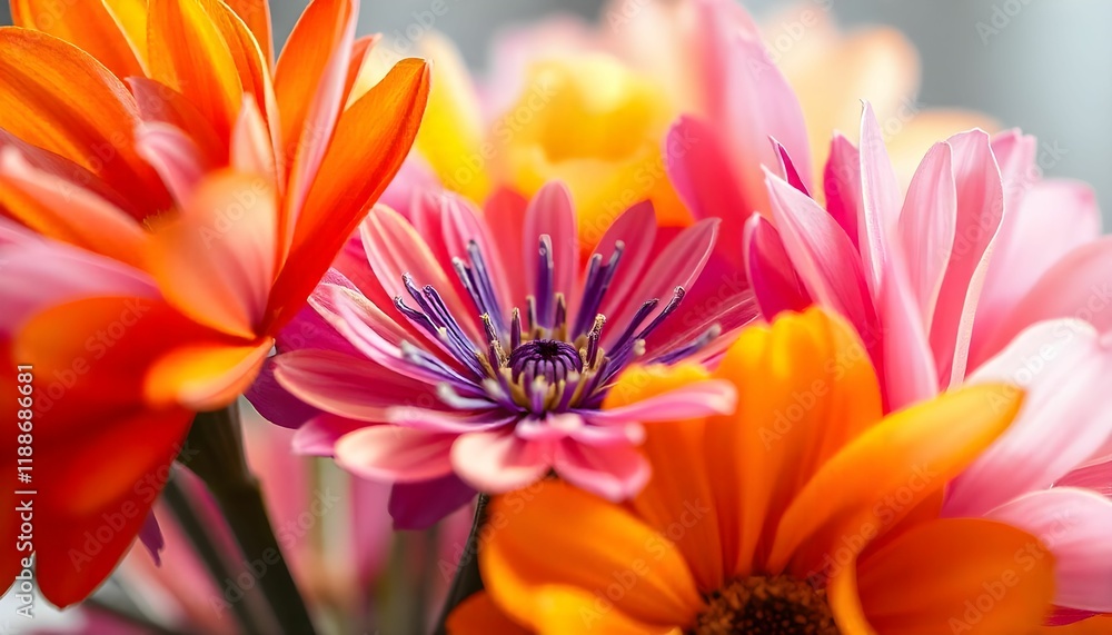Fototapeta premium The image is a close-up of a bunch of colorful flowers. The flowers are in a vase and are in various shades of orange, pink, and yellow.