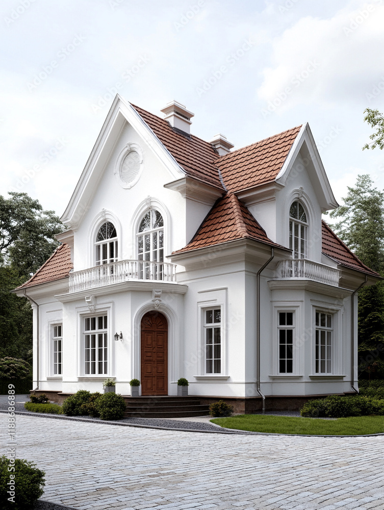 Elegant white house with red roof surrounded by greenery Elegant white house with red roof surrounded by greenery