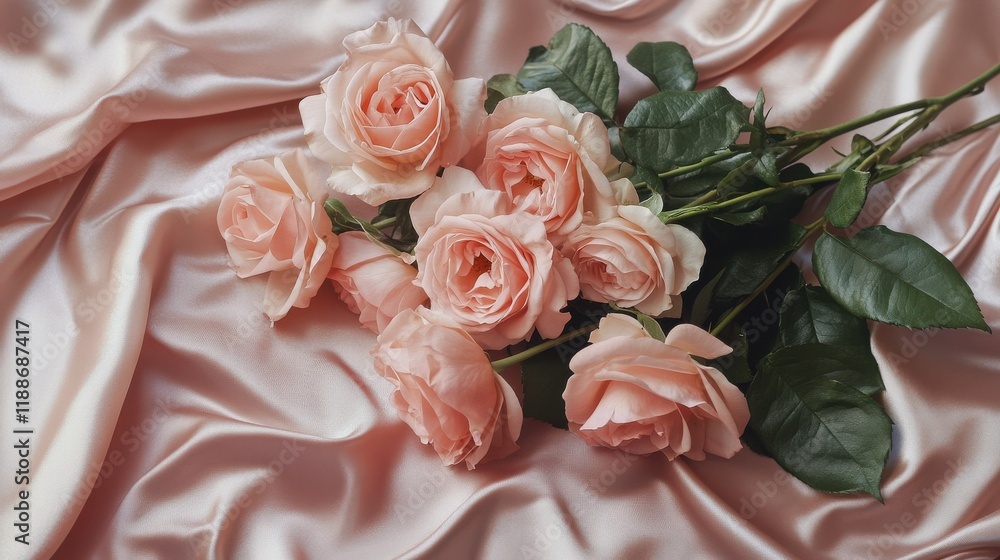 Soft Pink Roses on Satin Fabric with Elegant Drapery Background Soft Pink Roses on Satin Fabric with Elegant Drapery Background