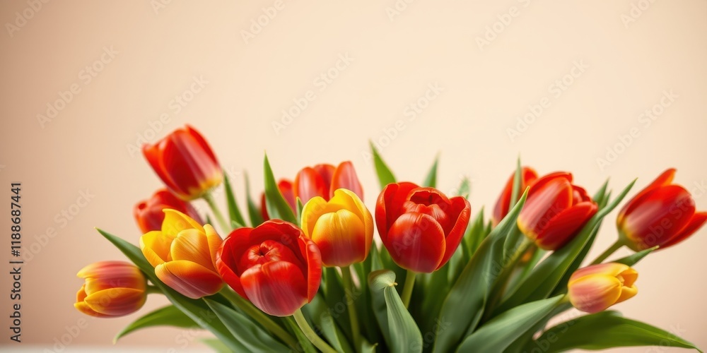 A vibrant bouquet of red and yellow tulips arranged artfully against a soft beige background. A vibrant bouquet of red and yellow tulips arranged artfully against a soft beige background.