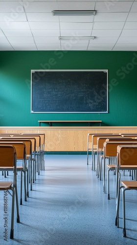High school classroom with a blackboard and desks, green wall background. Interior of an empty high school class with a chalkboard in front view. Back-to-school concept.