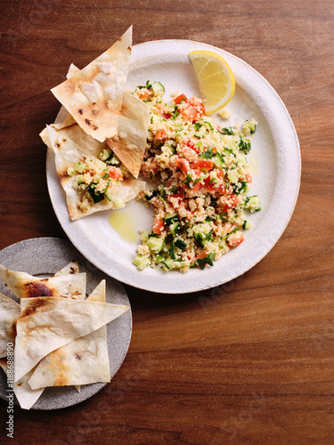 A vibrant plate of tabbouleh, featuring chopped parsley, tomatoes, and bulgur, is paired with warm flatbread and a slice of lemon on a rustic wooden table photo