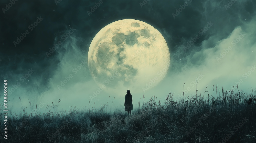 Naklejka premium Full moon. Mystical atmosphere. Fog on the silhouette of a woman. Night.