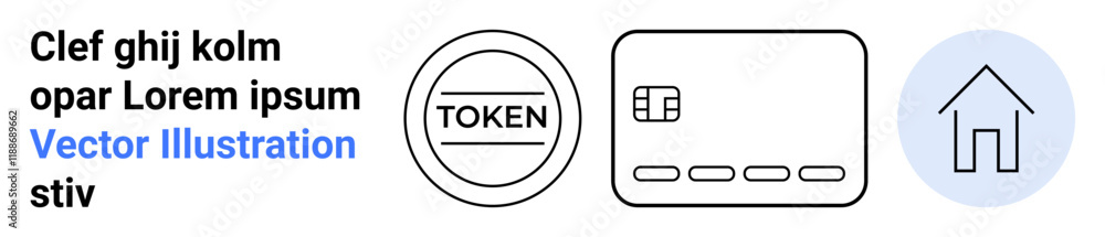 Token icon, credit card labeled, house inside a circle. Ideal for digital security, e-commerce, finance, real estate, virtual currencies tech interfaces and online payments. Landing page Token icon, credit card labeled, house inside a circle. Ideal for digital security, e-commerce, finance, real estate, virtual currencies tech interfaces and online payments. Landing page