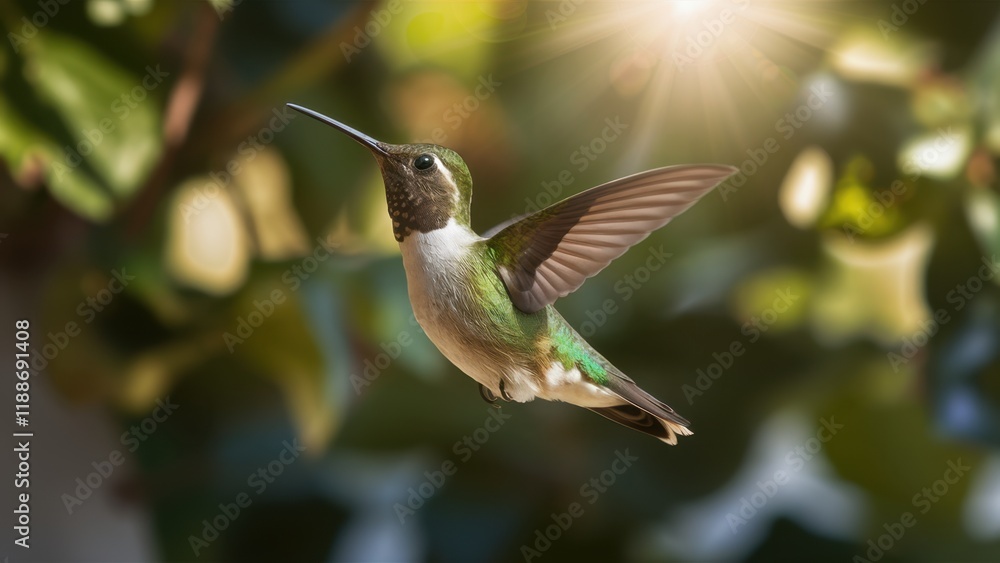 Fototapeta premium Hummingbird in flight, iridescent feathers, outstretched wings, soft bokeh background, green leaves, sunlit garden, macro photography, high detail, vibrant colors, nature close-up, golden hour lightin