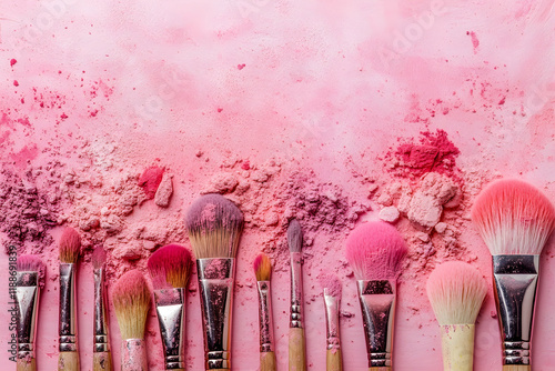 Brushes and pink powder arranged on a pink background for a playful, creative vibe