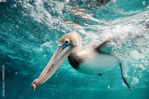 Pink-backed pelican diving underwater hunting fish photo