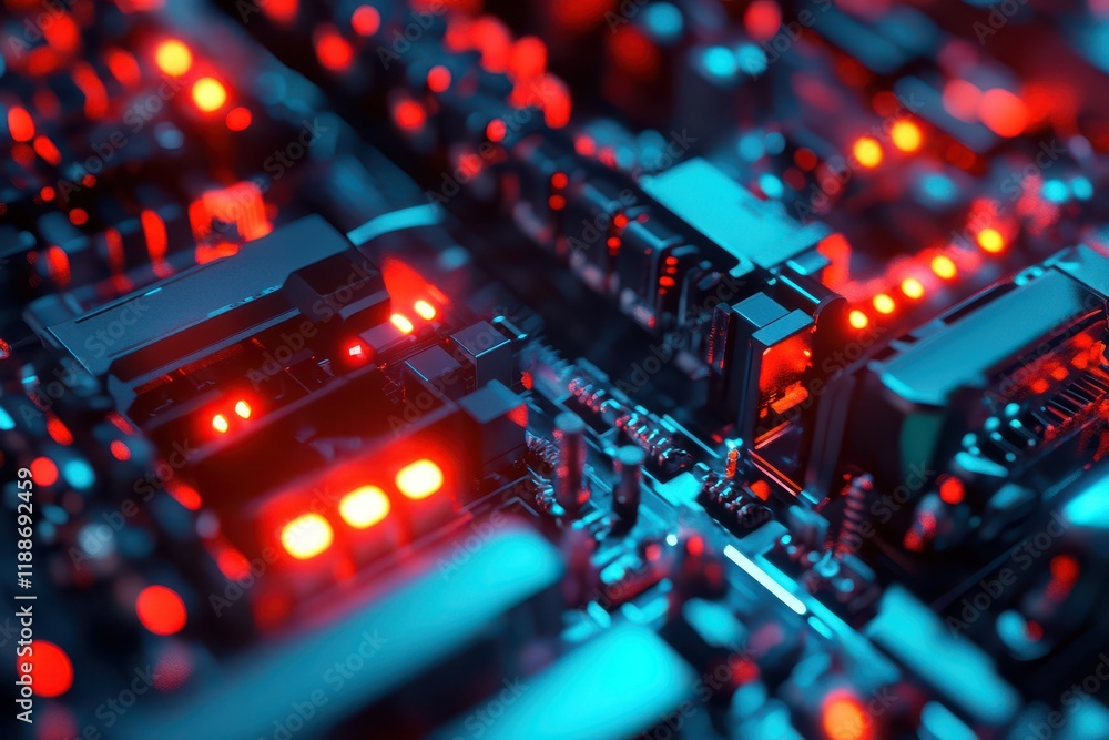 Abstract close-up view of a high-tech electronic circuit board with glowing red LEDs, showcasing intricate components and modern technology in a vibrant digital landscape. Abstract close-up view of a high-tech electronic circuit board with glowing red LEDs, showcasing intricate components and modern technology in a vibrant digital landscape.