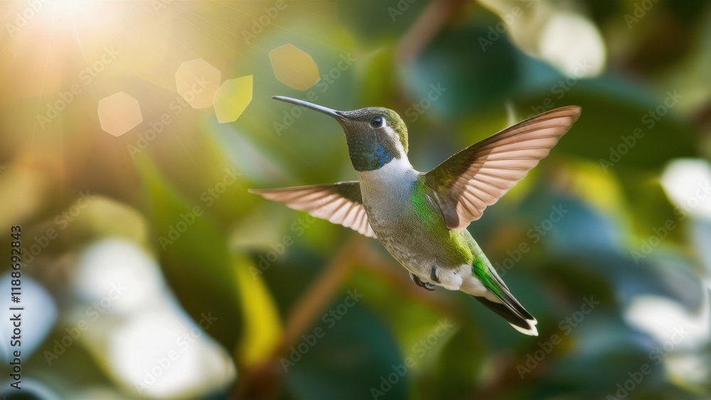 Obraz premium Hummingbird in flight, iridescent feathers, outstretched wings, soft bokeh background, green leaves, sunlit garden, macro photography, high detail, vibrant colors, nature close-up, golden hour lightin