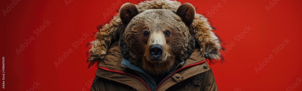 Fototapeta premium Brown bear wearing a brown jacket with a fur hood, animal background, banner, copy space