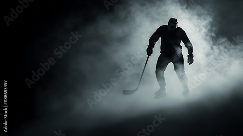 Silhouetted hockey player in fog, dramatic low-light scene. photo