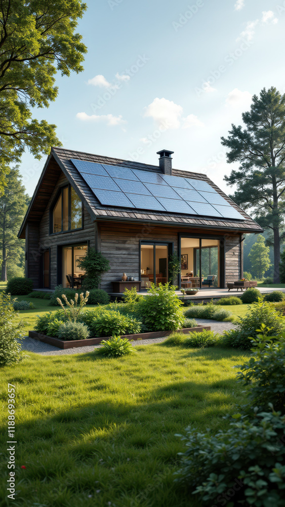 Sustainable green energy home with modern design and solar panels. Sustainable green energy home with modern design and solar panels.