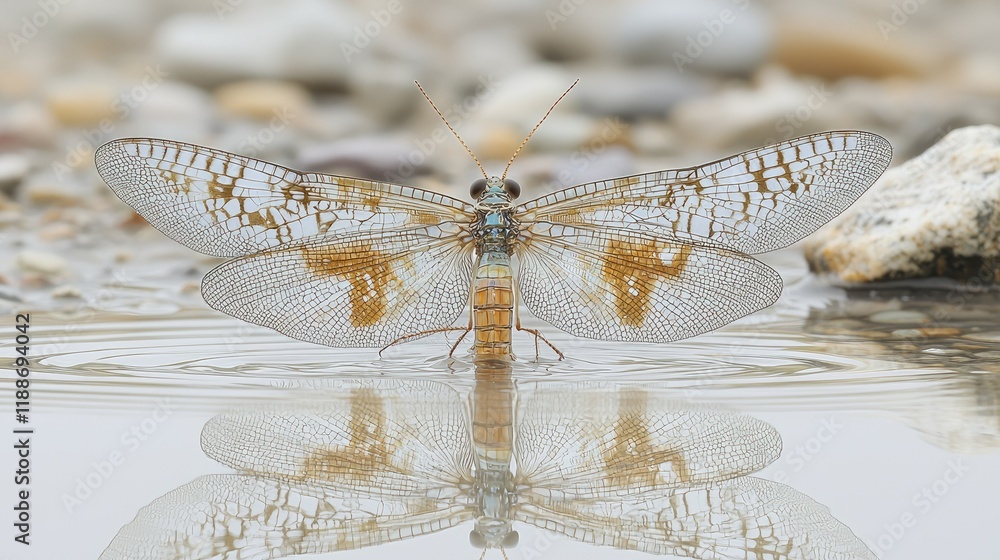 Fototapeta premium An Insect With Delicate Wings Reflects In Water